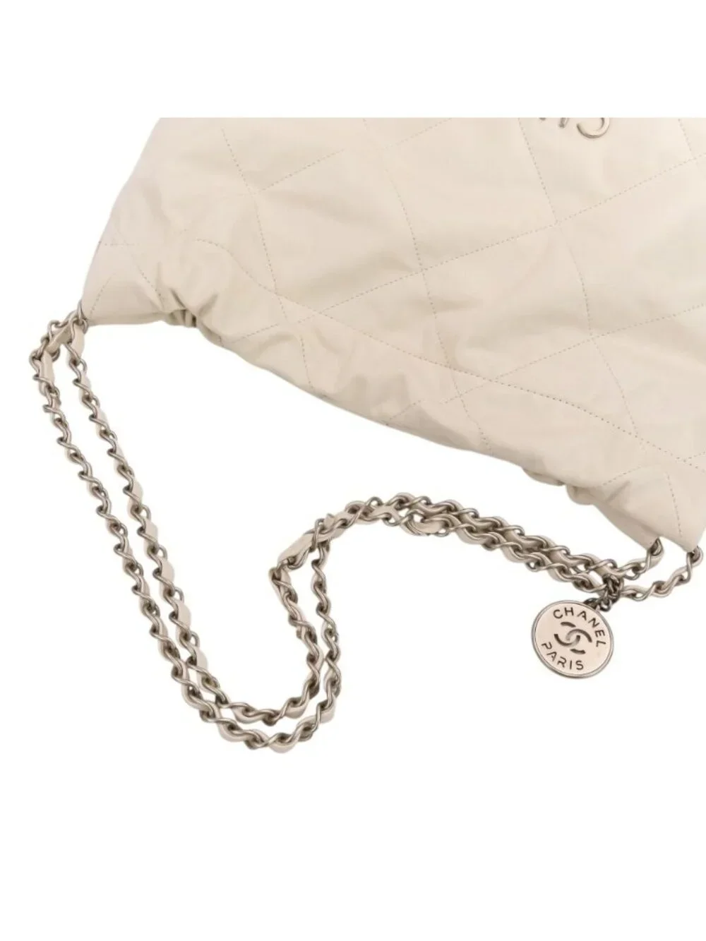 Chanel 22 Chain CC Logo Leather Shoulder Bag White Antique Silver
